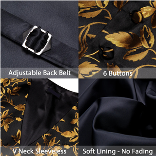 New Gold Floral Silk Men's Vest Pocket Square Cufflinks Tie Set Waistcoat Set