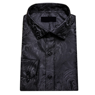 New Black Paisley Jacquard Men's Silk Long Sleeve Shirt