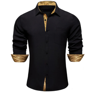 New Black Golden Men's Silk Long Sleeve Shirt