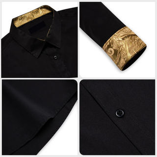 New Black Golden Men's Silk Long Sleeve Shirt