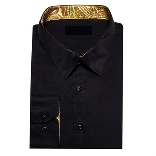 New Black Golden Men's Silk Long Sleeve Shirt