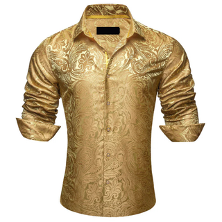 New Gold Floral Men's Silk Long Sleeve Shirt