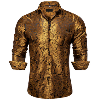New Golden Floral Silk Long Sleeve Shirt