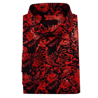 Red Floral Long Sleeve Silk Long Sleeve Shirt