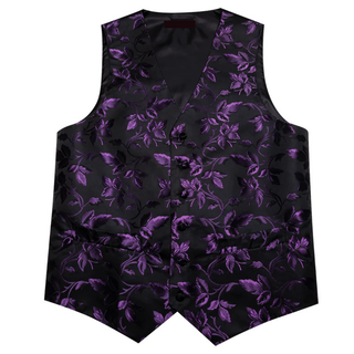 New Purple Floral Silk Men's Vest Pocket Square Cufflinks Tie Set Waistcoat Set