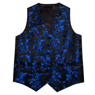 New Blue Floral Silk Men's Vest Pocket Square Cufflinks Tie Set Waistcoat Set