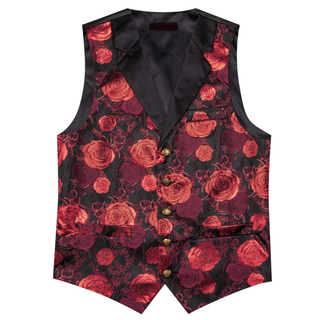 Black Red Floral V-neck Silk Men's Vest Pocket Square Cufflinks Tie Set Waistcoat Set