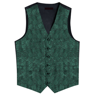 Green Floral Jacquard Silk Men's Vest Pocket Square Cufflinks Tie Set Waistcoat Set