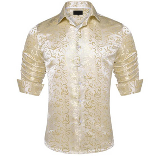 New Champagne Gold Floral Silk Long Sleeve Shirt