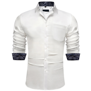 New White Satin Silk Long Sleeve Shirt