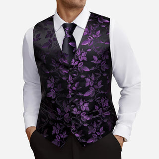 New Purple Floral Silk Men's Vest Pocket Square Cufflinks Tie Set Waistcoat Set