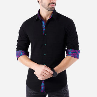 Black Blue Patchwork Silk Long Sleeve Shirt