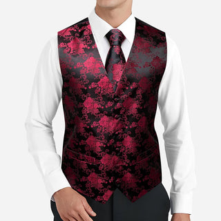 New Burgundy Floral Silk Men's Vest Pocket Square Cufflinks Tie Set Waistcoat Set
