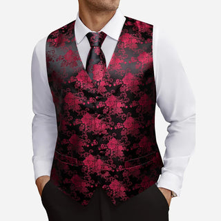 New Burgundy Floral Silk Men's Vest Pocket Square Cufflinks Tie Set Waistcoat Set