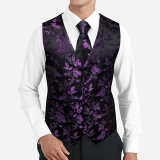 New Purple Floral Silk Men's Vest Pocket Square Cufflinks Tie Set Waistcoat Set