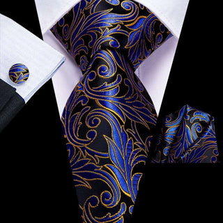 Black Blue Gold Floral Silk Necktie Pocket Square Cufflinks Set Neckties
