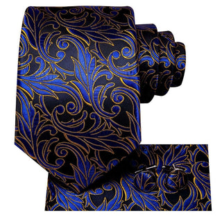 Black Blue Gold Floral Silk Necktie Pocket Square Cufflinks Set Neckties