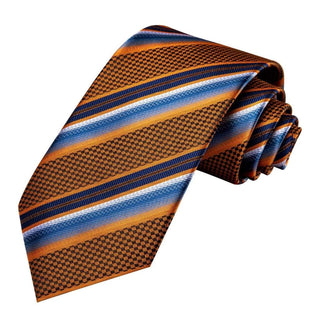 Blue Golden Striped Silk Necktie Pocket Square Cufflinks Set Neckties