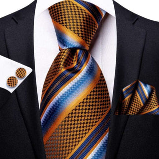 Blue Golden Striped Silk Necktie Pocket Square Cufflinks Set + Neckties