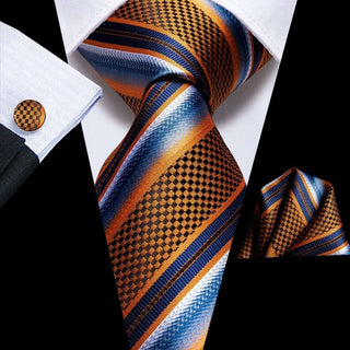 Blue Golden Striped Silk Necktie Pocket Square Cufflinks Set Neckties