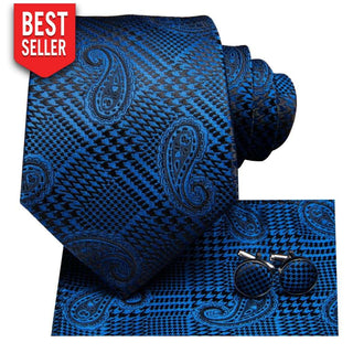 Blue Sapphire Paisley Silk Necktie Pocket Square Cufflinks Set Neckties