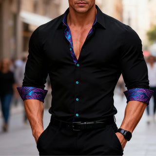 Black Blue Splicing Silk Long Sleeve Shirt