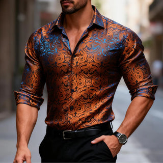 New Orange Copper Paisley Men's Silk Long Sleeve Shirt