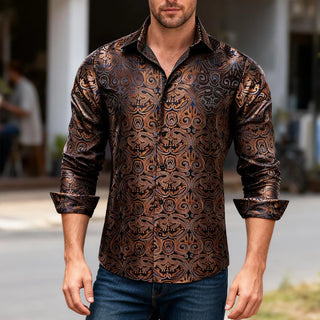 Brown Blue Woven Paisley Silk Long Sleeve Shirt