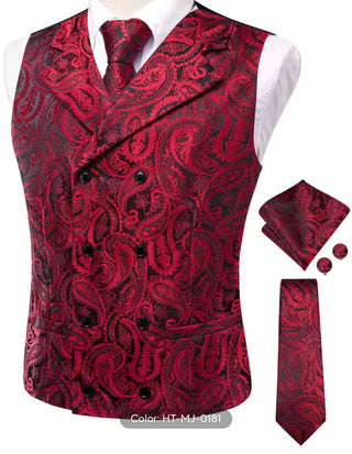 New Red Paisley Collar Vest Tie Pocket Square Cufflinks Set Waistcoat Suit Set