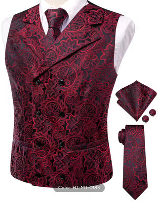Red Paisley Collar Vest Tie Pocket Square Cufflinks Set Waistcoat Suit Set