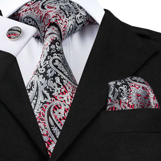 Black Silver Red Floral Silk Necktie Pocket Square Cufflinks Set