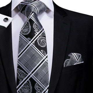 Black Paisley Floral Luxury Silk Necktie Pocket Square Cufflinks Set