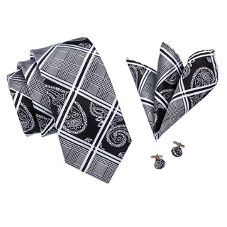 Black Paisley Floral Luxury Silk Necktie Pocket Square Cufflinks Set