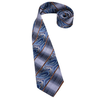Blue Brown Striped Silk Necktie Pocket Square Cufflinks Set