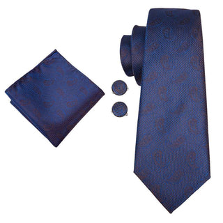 Blue Paisley Silk Necktie Pocket Square Cufflinks Set