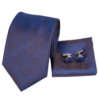 Blue Paisley Silk Necktie Pocket Square Cufflinks Set
