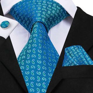 Blue Paisley Classic Silk Necktie Pocket Square Cufflinks Set