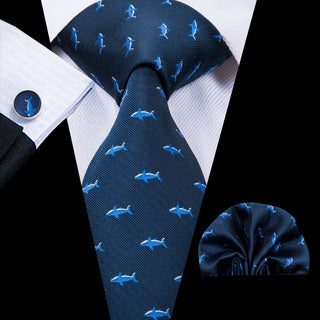 Blue Novelty Pattern Silk Necktie Pocket Square Cufflinks Set