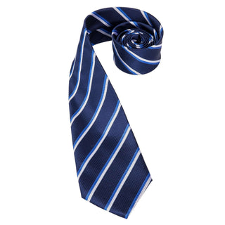 Blue Business Striped Silk Necktie Pocket Square Cufflinks Set
