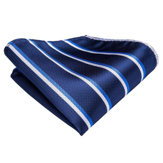 Blue Business Striped Silk Necktie Pocket Square Cufflinks Set