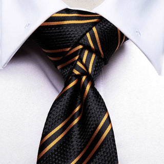 Black Gold Striped Silk Necktie Pocket Square Cufflinks Set