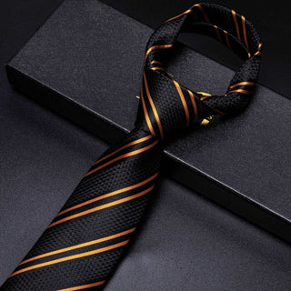 Black Gold Striped Silk Necktie Pocket Square Cufflinks Set