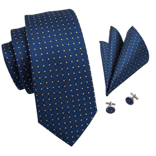 Blue Gold Dot Silk Necktie Pocket Square Cufflinks Set