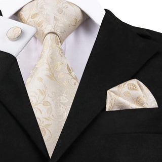 Champagne Golden Floral Silk Necktie Pocket Square Cufflinks Set