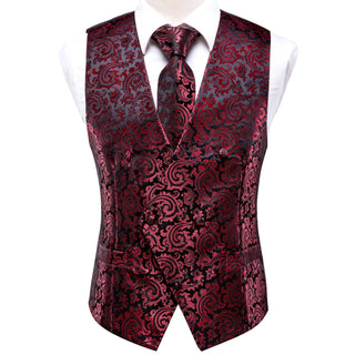 Red Burgundy Black Paisley Silk Men's Vest Pocket Square Cufflinks Tie Set Waistcoat Suit Set