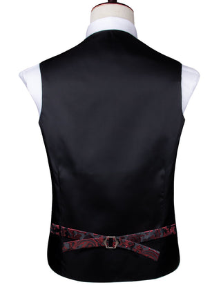 Red Burgundy Black Paisley Silk Men's Vest Pocket Square Cufflinks Tie Set Waistcoat Suit Set