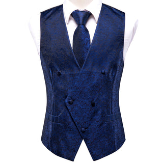 Navy Blue Floral Silk Men's Vest Pocket Square Cufflinks Tie Set Waistcoat Suit Set