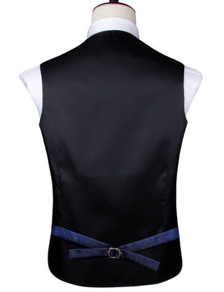 Navy Blue Floral Silk Men's Vest Pocket Square Cufflinks Tie Set Waistcoat Suit Set