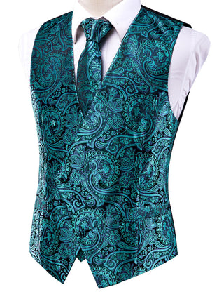 Green Paisley Silk Men's Vest Pocket Square Cufflinks Tie Set Waistcoat Suit Set