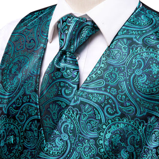Green Paisley Silk Men's Vest Pocket Square Cufflinks Tie Set Waistcoat Suit Set